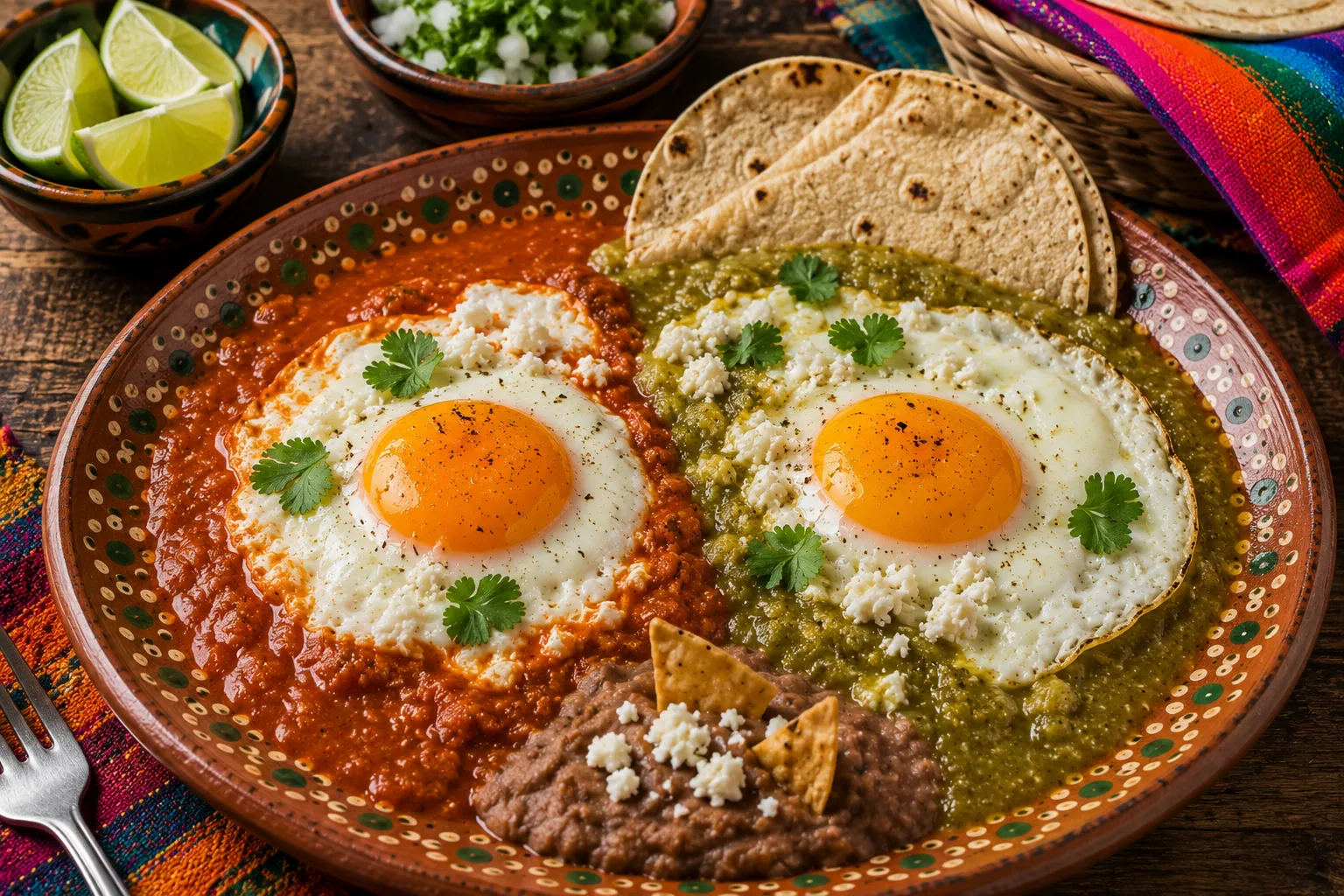 Huevos divorciados — two salsas, two eggs, one plate